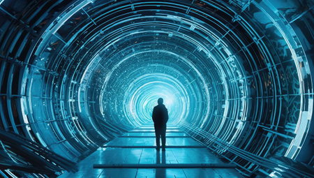 Businessman in futuristic tunnel with blue light. Future and technology conceptの素材