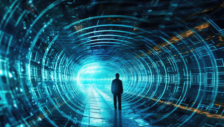 Man in futuristic tunnel with glowing lines.の素材