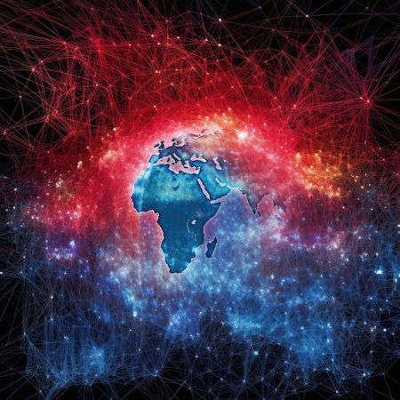 World map on a technological background, glowing lines symbols of the Internet, radio, television, mobile and satellite communications.の素材