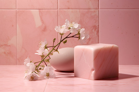 natural soap with white flowers on pink tile backgroundの素材