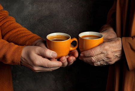 Hands of senior woman and man holding cups of coffee on dark backgroundの素材