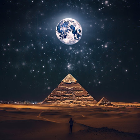 The pyramids in the desert at night with full moonの素材