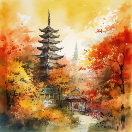 Watercolor pagoda in autumn season with colorful leaves.の素材