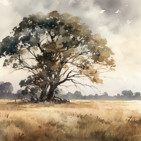 Watercolor old oak tree in a field.の素材