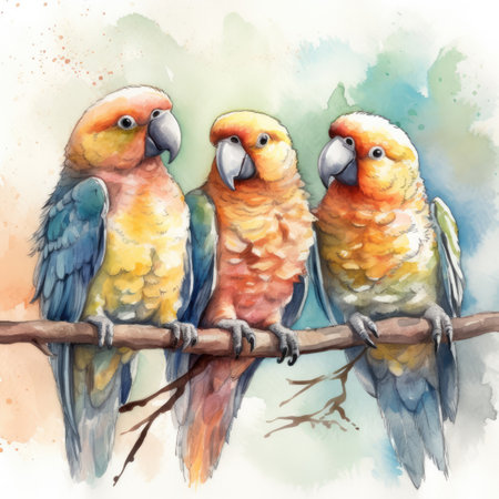 Watercolor Three parrots sitting on a branch on white backgroundの素材