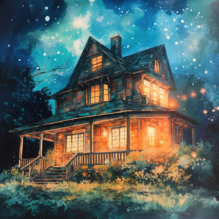 Old wooden house on the background of the night sky with stars.の素材