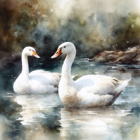 Watercolor Two white swans on the lake.の素材
