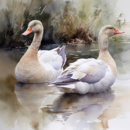 Watercolor Two swans swimming in the water.の素材