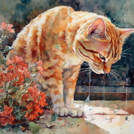 a red cat standing in front of a water fountainの素材