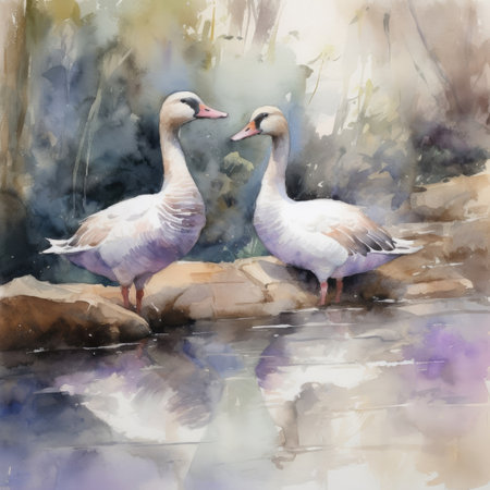 Watercolor painting of two swans on the lake.の素材