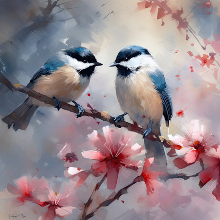 a couple of birds on a branch of a blossoming tree.の素材