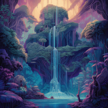 Fantasy landscape with waterfall and misty forest.の素材