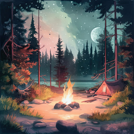 Watercolor Camping in the forest at night.の素材