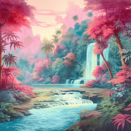 Waterfall in the jungle with palm trees and flowers.の素材