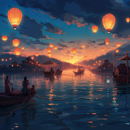 Lanterns floating in the sea at sunsetの素材