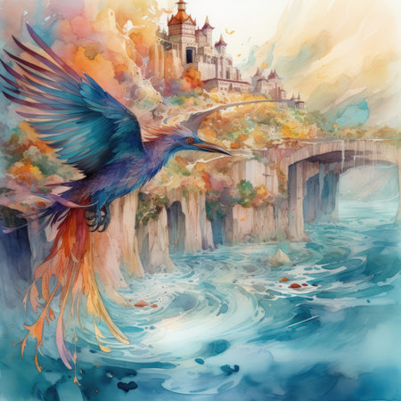 Watercolor bird on the background of the bridge.の素材