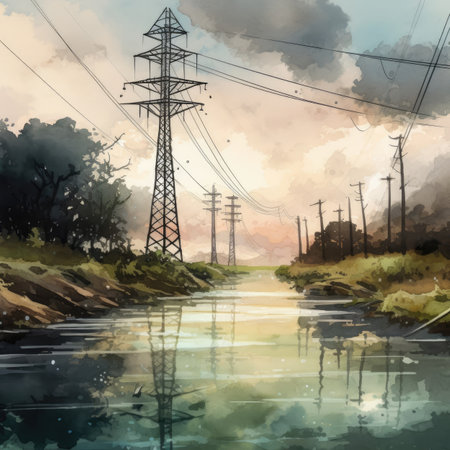 Watercolor landscape with high-voltage lines.の素材