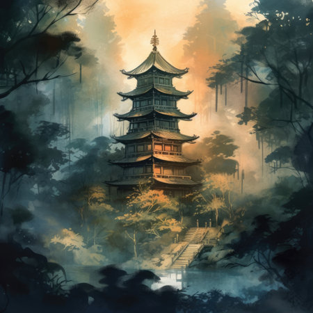 Watercolor pagoda in the forest with fog.の素材