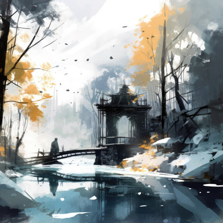 Watercolor Winter landscape with a bridge in the park.の素材