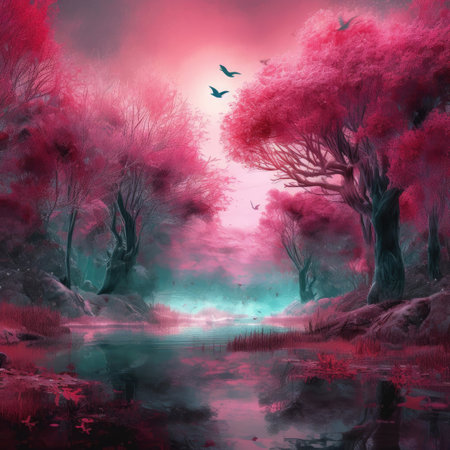 Fantasy landscape with trees, river and birds.の素材