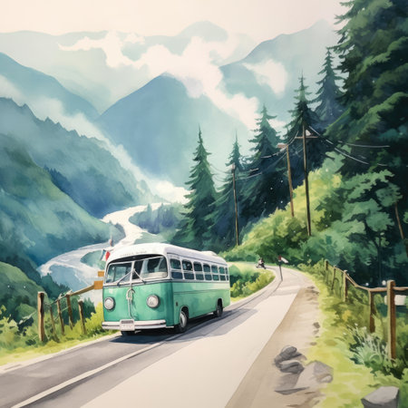 Vintage bus on the road in the mountains.の素材