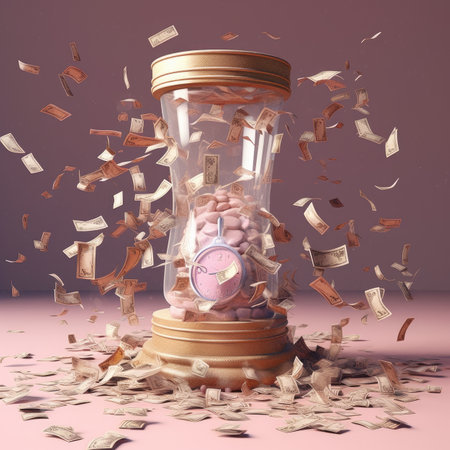 Time is money concept. Alarm clock in glass jar full of money.の素材