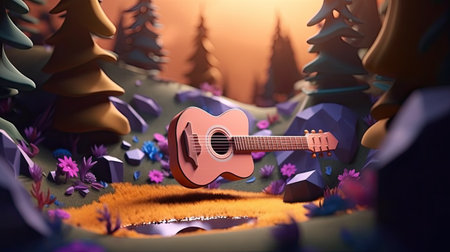 Guitar in the forest. Fantasy landscape.の素材