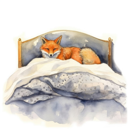 Watercolor illustration of a fox in the bed. Cute animal in the bed.の素材