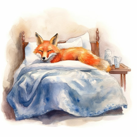 Watercolor fox on the bed in the morning.の素材