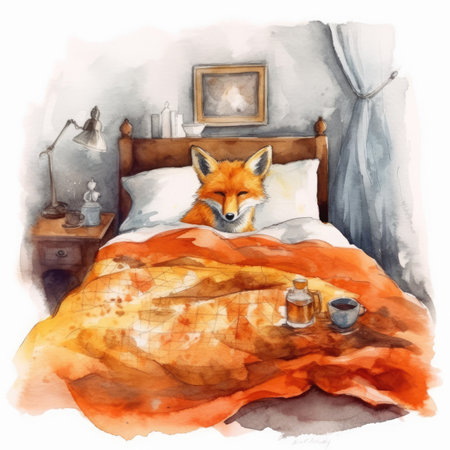 Watercolor fox in the bed with a cup of teaの素材