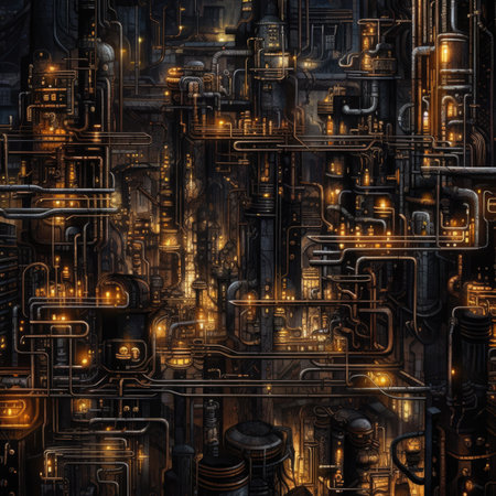 a gas and oil refinery with glowing lights.の素材