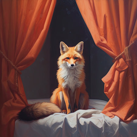 red fox sitting on the bed in the room with orange curtains.の素材