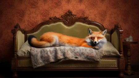 Red fox lying on the bed in a vintage room.の素材