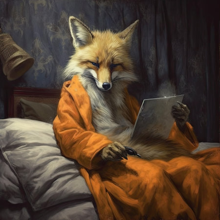 Red fox in a orange robe with a book in his hands.の素材