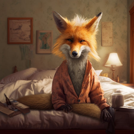 Red fox in a bathrobe sitting on the bed at home.の素材