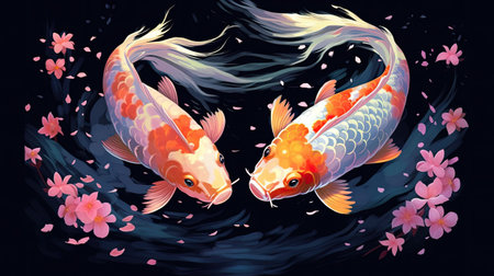 Koi fish and cherry blossom on black background.の素材