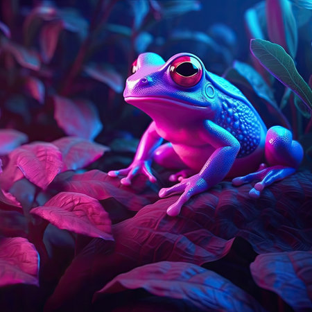 Blue frog on a purple background in the neon light.の素材
