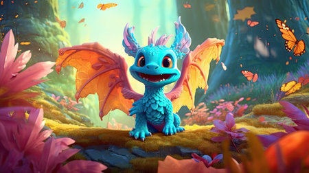 Fantasy scene with fantasy dragon in the forestの素材