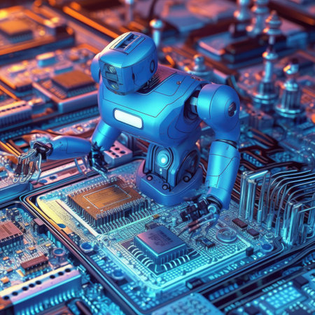 A robot on a computer circuit board background.の素材