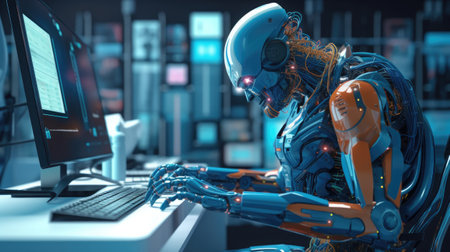 Cyborg in front of a computer monitor.の素材