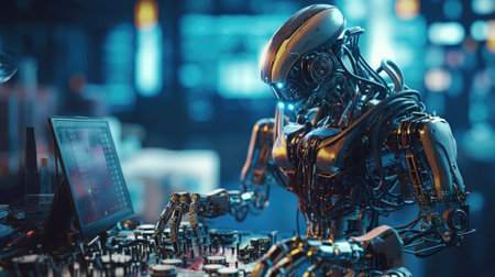 Humanoid robot working with electronic components in a factory roomの素材