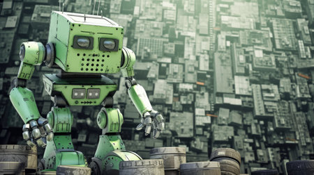 Green robot on the background of the city.の素材