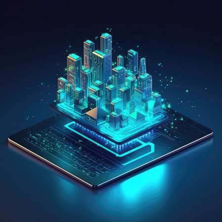 Smart city concept, 3d isometric illustration of a modern city on a blue backgroundの素材