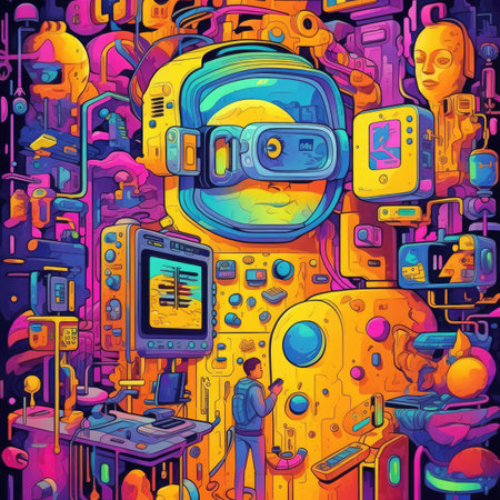 Cartoon colorful pattern with robots and electronic devices.の素材