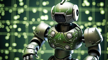 Robot on abstract green background.の素材