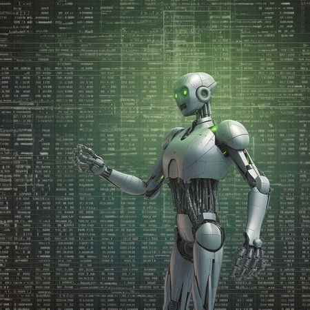 Robot humanoid in front of green background with numbersの素材