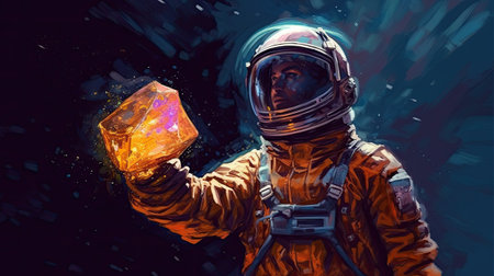 Astronaut holding a cube in his hand.の素材