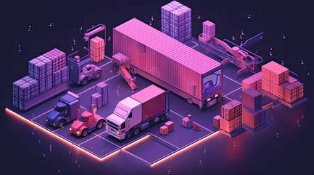 Logistics and transportation of goods isometric composition with cargo truck and container on dark backgroundの素材