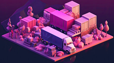 3d isometric city, cargo truck and peopleの素材