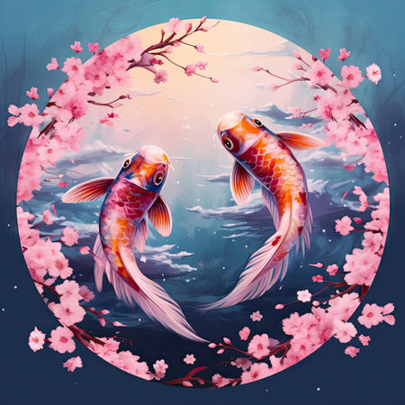 Koi fish and cherry blossoms in a circle.の素材